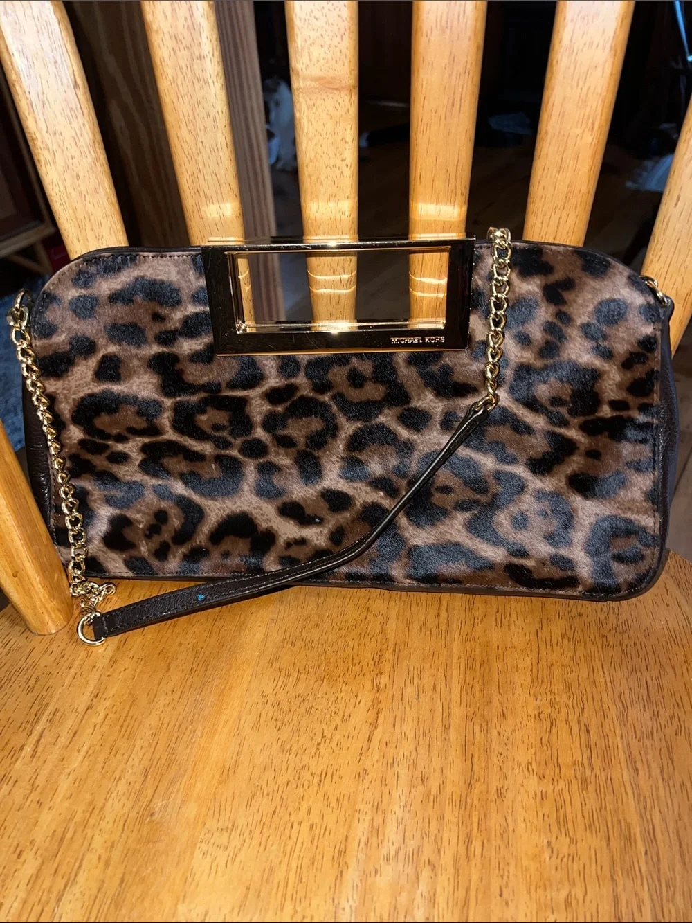 MK Berkley Large Leopard print Clutch in leather+calf hair w/ goldtone